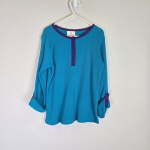 NWT Hanna Andersson Roll-Sleeve Thermal Henley Teal & Purple 120cm US 6-8